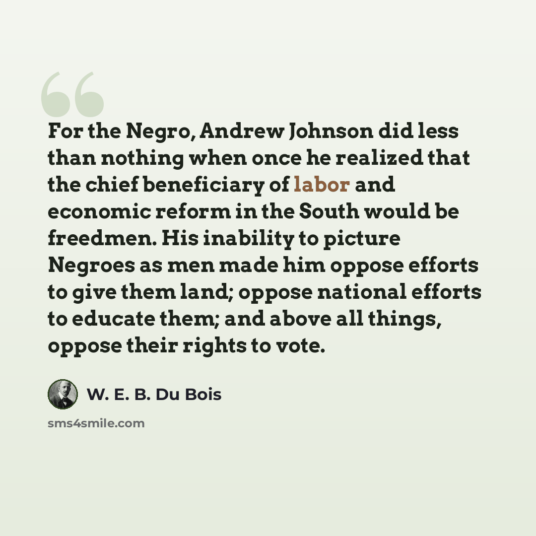 “For the Negro, Andrew Johnson did less than nothing when once he realized that the chief beneficiary of labor and economic reform in the South would be freedmen. His inability to picture Negroes as men made him oppose efforts to give them land; oppose national efforts to educate them; and above…” quote by W. E. B. Du Bois