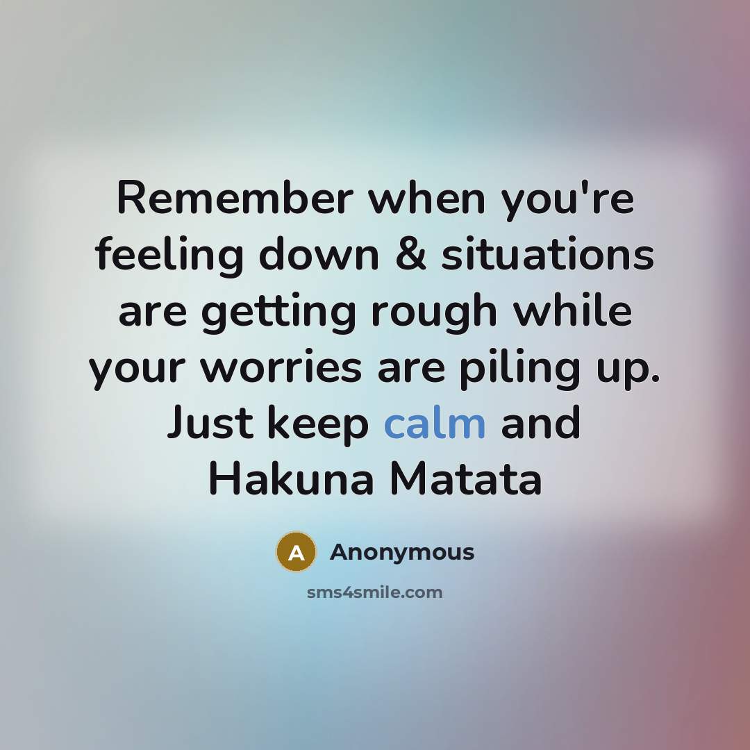 “Remember when you're feeling down & situations are getting rough while your worries are piling up. Just keep calm and Hakuna Matata” quote by Anonymous