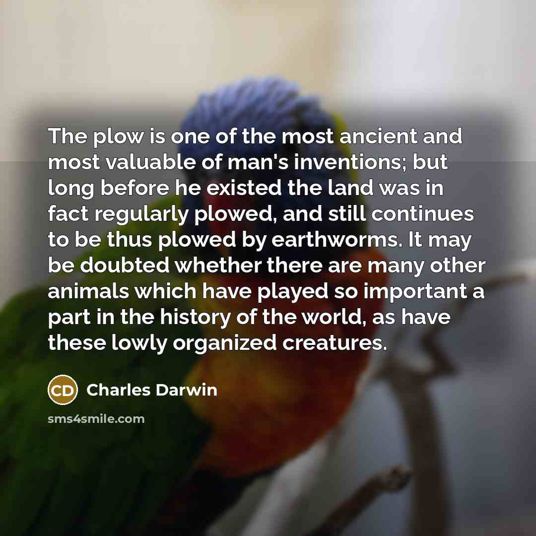 “The plow is one of the most ancient and most valuable of man's inventions; but long before he existed the land was in fact regularly plowed, and still continues to be thus plowed by earthworms. It may be doubted whether there are many other animals which have played so important a part in the…” quote by Charles Darwin