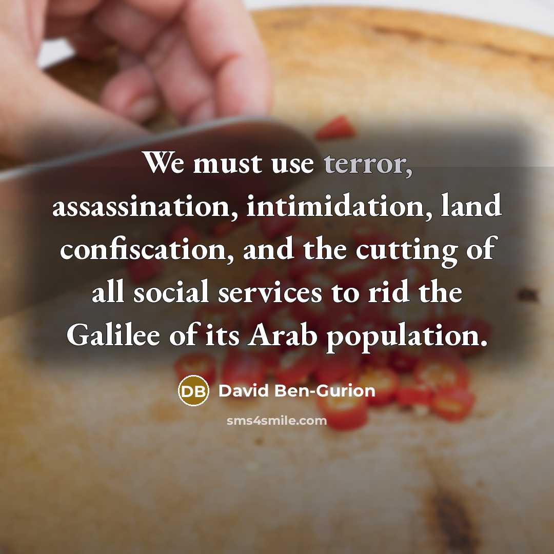 “We must use terror, assassination, intimidation, land confiscation, and the cutting of all social services to rid the Galilee of its Arab population.” quote by David Ben-Gurion