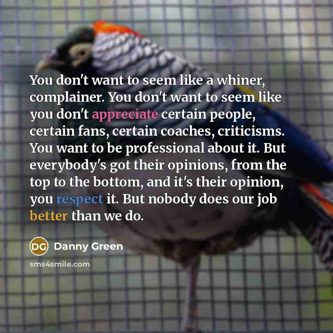 “You don't want to seem like a whiner, complainer. You don't want to seem like you don't appreciate certain people, certain fans, certain coaches, criticisms. You want to be professional about it. But everybody's got their opinions, from the top to the bottom, and it's their opinion, you respect…” quote by Danny Green