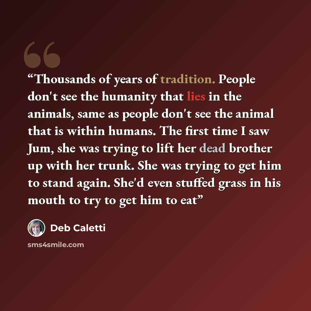 “Thousands of years of tradition. People don't see the humanity that lies in the animals, same as people don't see the animal that is within humans. The first time I saw Jum, she was trying to lift her dead brother up with her trunk. She was trying to get him to stand again. She'd even stuffed…” quote by Deb Caletti