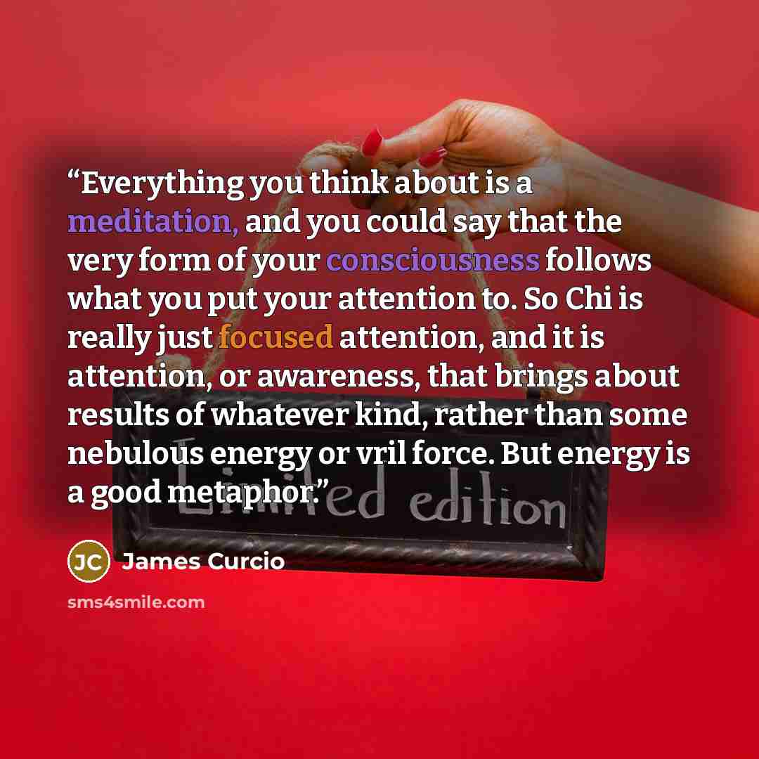 “Everything you think about is a meditation, and you could say that the very form of your consciousness follows what you put your attention to. So Chi is really just focused attention, and it is attention, or awareness, that brings about results of whatever kind, rather than some nebulous energy or…” quote by James Curcio