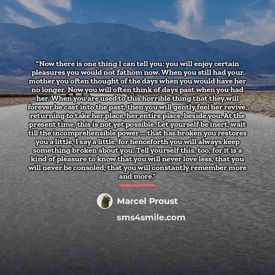 “Now there is one thing I can tell you: you will enjoy certain pleasures you would not fathom now. When you still had your mother you often thought of the days when you would have her no longer. Now you will often think of days past when you had her. When you are used to this horrible thing that…” quote by Marcel Proust