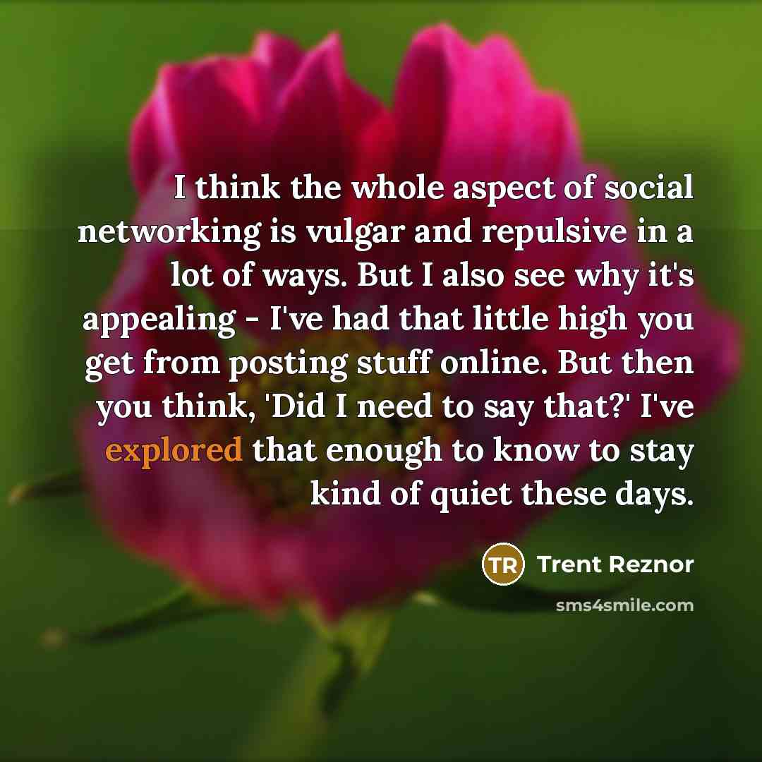 “I think the whole aspect of social networking is vulgar and repulsive in a lot of ways. But I also see why it's appealing - I've had that little high you get from posting stuff online. But then you think, 'Did I need to say that?' I've explored that enough to know to stay kind of quiet these days.” quote by Trent Reznor