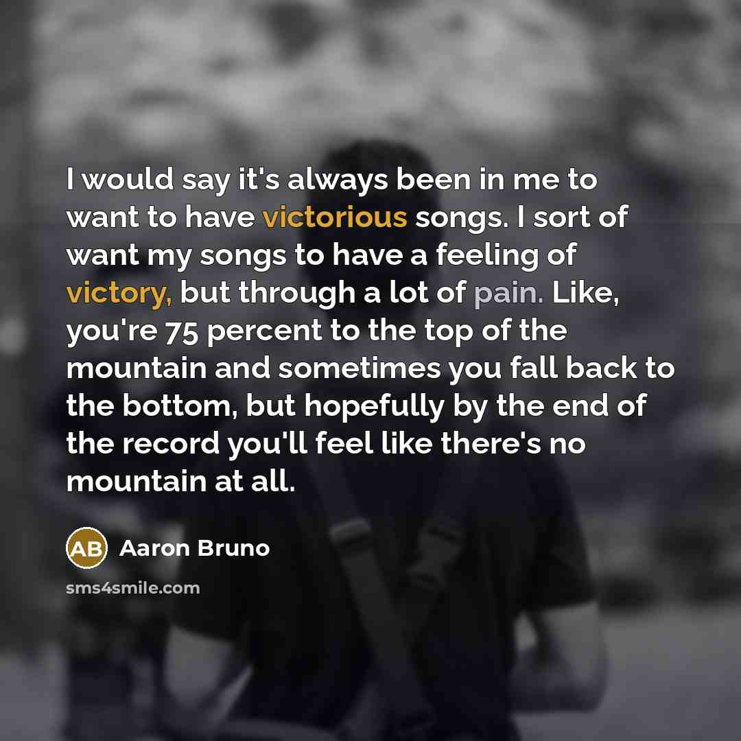 “I would say it's always been in me to want to have victorious songs. I sort of want my songs to have a feeling of victory, but through a lot of pain. Like, you're 75 percent to the top of the mountain and sometimes you fall back to the bottom, but hopefully by the end of the record you'll feel…” quote by Aaron Bruno