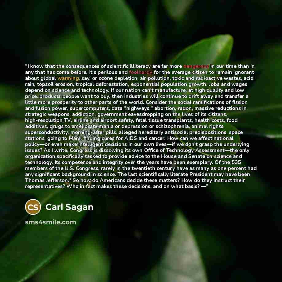 “I know that the consequences of scientific illiteracy are far more dangerous in our time than in any that has come before. It’s perilous and foolhardy for the average citizen to remain ignorant about global warming, say, or ozone depletion, air pollution, toxic and radioactive wastes, acid rain…” quote by Carl Sagan