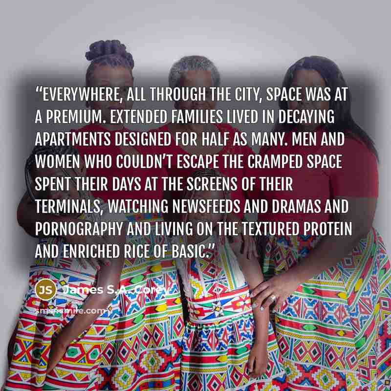 “Everywhere, all through the city, space was at a premium. Extended families lived in decaying apartments designed for half as many. Men and women who couldn’t escape the cramped space spent their days at the screens of their terminals, watching newsfeeds and dramas and pornography and living on…” quote by James S.A. Corey