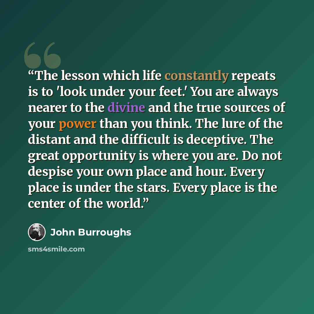 “The lesson which life constantly repeats is to 'look under your feet.' You are always nearer to the divine and the true sources of your power than you think. The lure of the distant and the difficult is deceptive. The great opportunity is where you are. Do not despise your own place and hour…” quote by John Burroughs