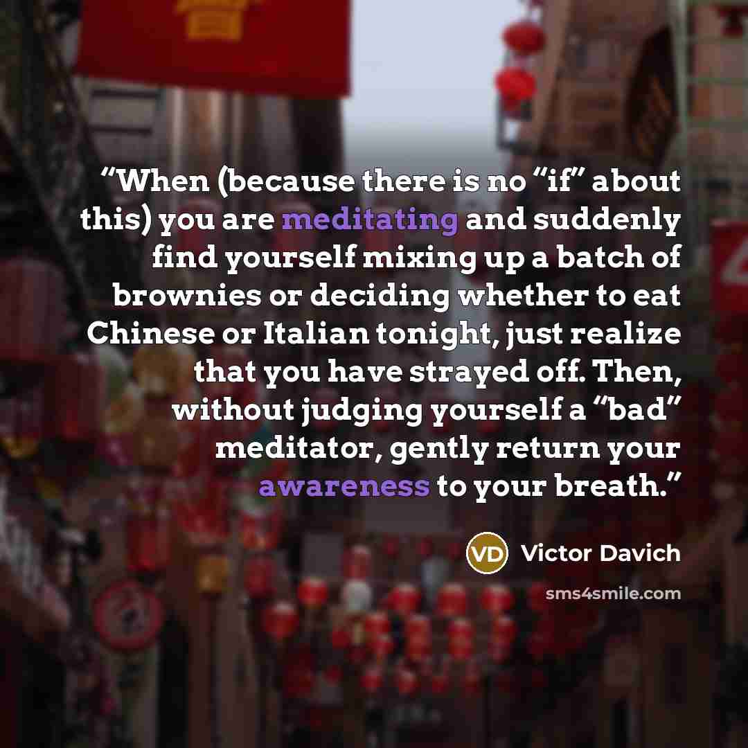 “When (because there is no “if” about this) you are meditating and suddenly find yourself mixing up a batch of brownies or deciding whether to eat Chinese or Italian tonight, just realize that you have strayed off. Then, without judging yourself a “bad” meditator, gently return your awareness to…” quote by Victor Davich