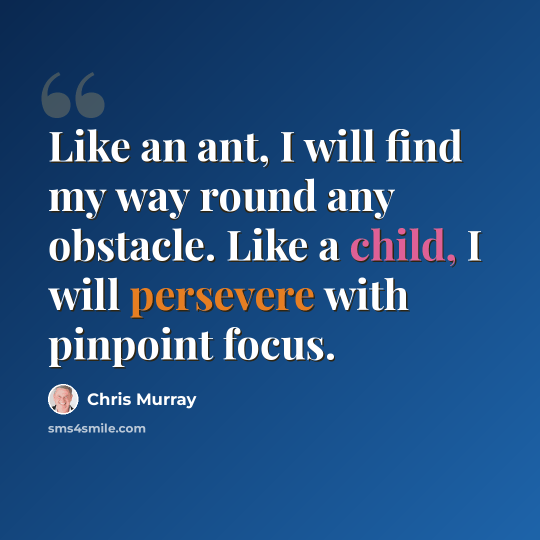 “Like an ant, I will find my way round any obstacle. Like a child, I will persevere with pinpoint focus.” quote by Chris Murray