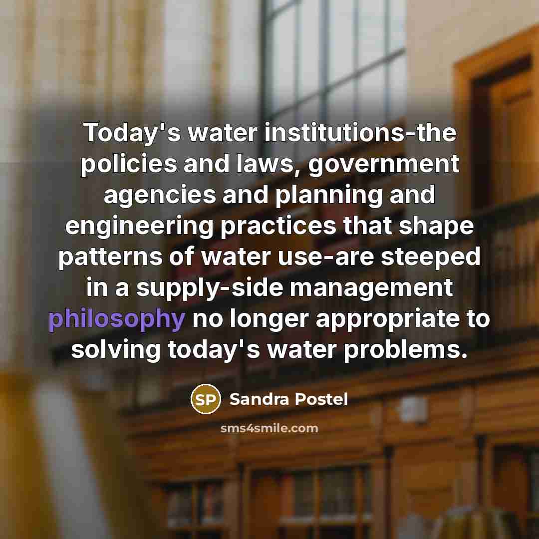 “Today's water institutions-the policies and laws, government agencies and planning and engineering practices that shape patterns of water use-are steeped in a supply-side management philosophy no longer appropriate to solving today's water problems.” quote by Sandra Postel