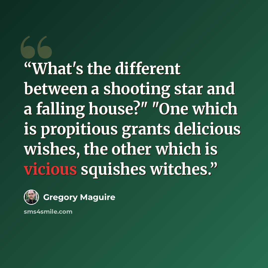 “What's the different between a shooting star and a falling house?" "One which is propitious grants delicious wishes, the other which is vicious squishes witches.” quote by Gregory Maguire