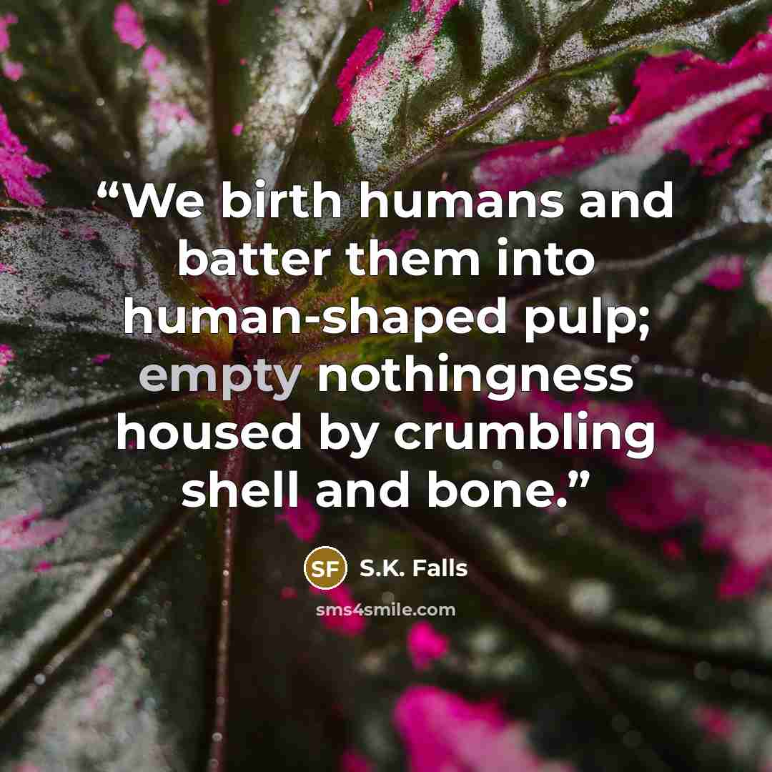 “We birth humans and batter them into human-shaped pulp; empty nothingness housed by crumbling shell and bone.” quote by S.K. Falls