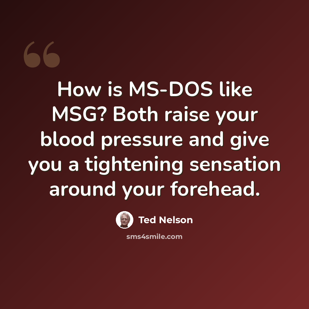 “How is MS-DOS like MSG? Both raise your blood pressure and give you a tightening sensation around your forehead.” quote by Ted Nelson