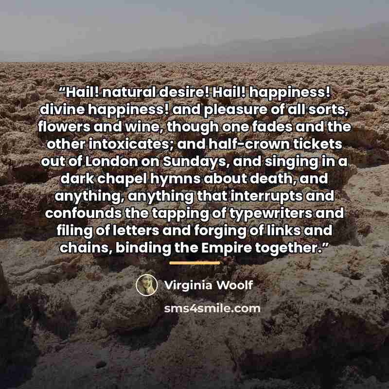 “Hail! natural desire! Hail! happiness! divine happiness! and pleasure of all sorts, flowers and wine, though one fades and the other intoxicates; and half-crown tickets out of London on Sundays, and singing in a dark chapel hymns about death, and anything, anything that interrupts and confounds…” quote by Virginia Woolf