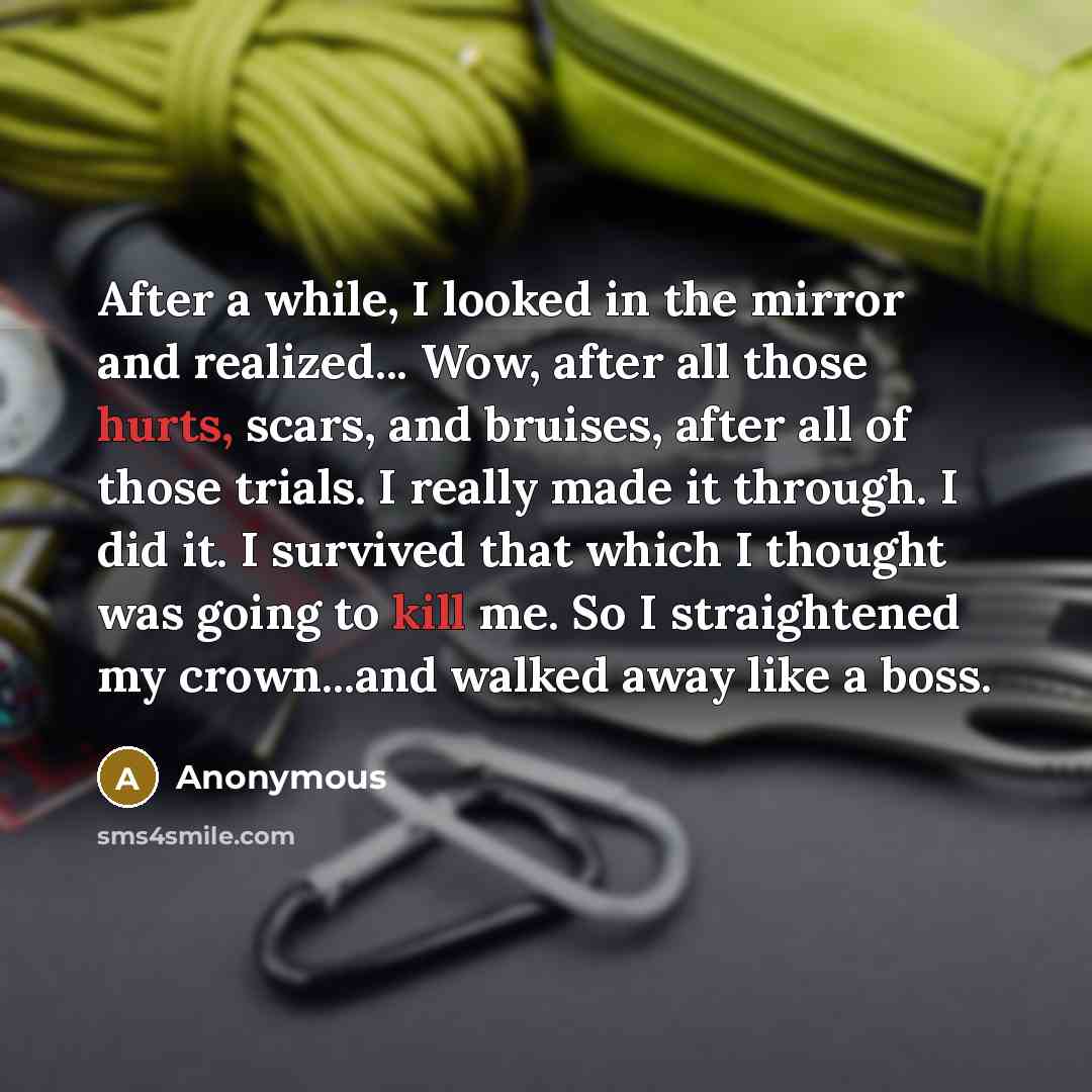 “After a while, I looked in the mirror and realized... Wow, after all those hurts, scars, and bruises, after all of those trials. I really made it through. I did it. I survived that which I thought was going to kill me. So I straightened my crown...and walked away like a boss.” quote by Anonymous