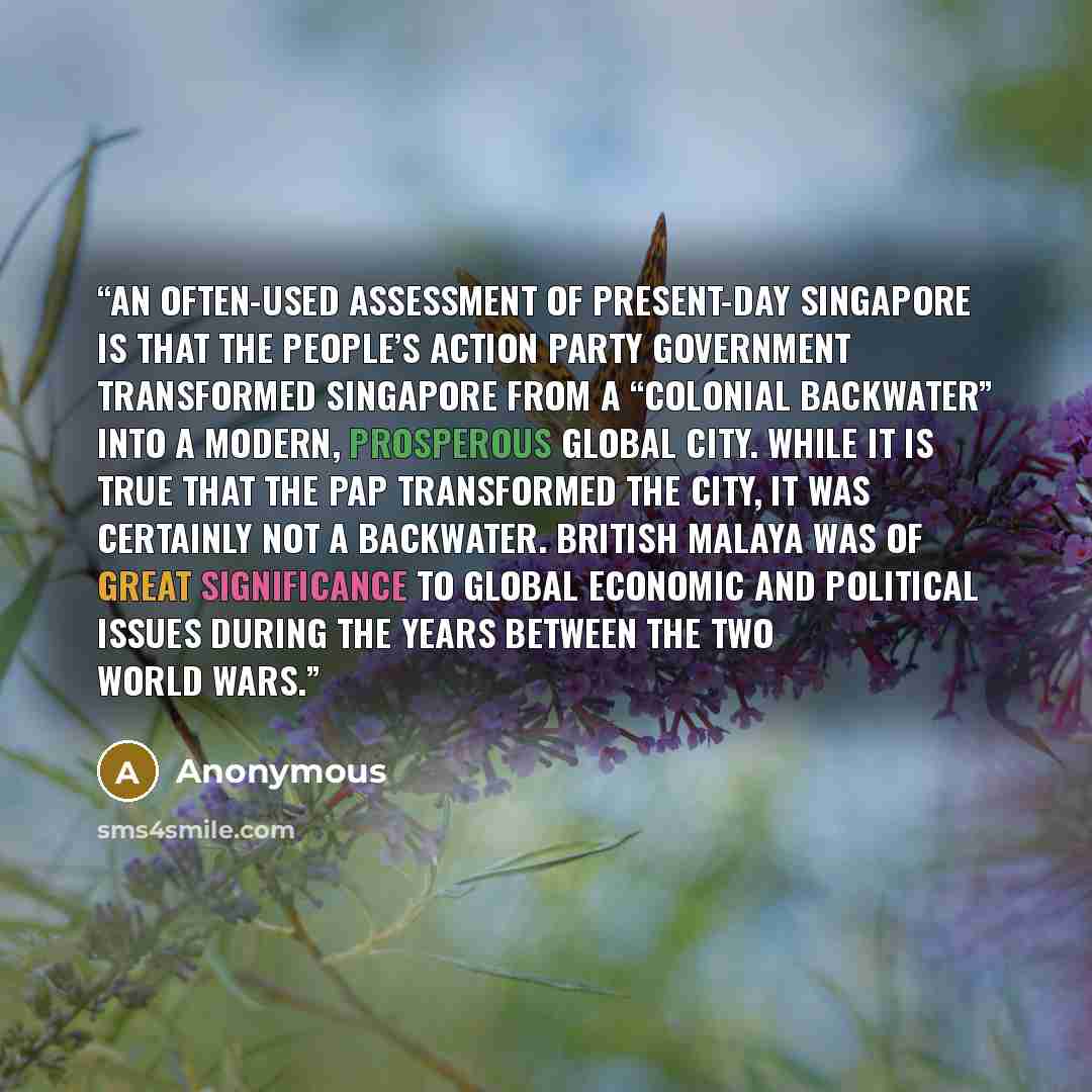 “An often-used assessment of present-day Singapore is that the People’s Action Party government transformed Singapore from a “colonial backwater” into a modern, prosperous global city. While it is true that the PAP transformed the city, it was certainly not a backwater. British Malaya was of great…” quote by Anonymous