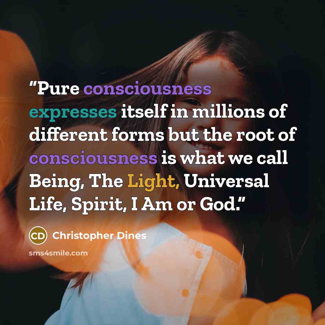 “Pure consciousness expresses itself in millions of different forms but the root of consciousness is what we call Being, The Light, Universal Life, Spirit, I Am or God.” quote by Christopher Dines