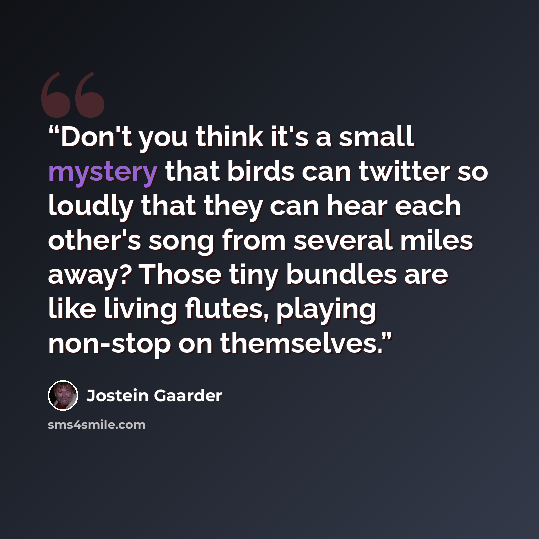 “Don't you think it's a small mystery that birds can twitter so loudly that they can hear each other's song from several miles away? Those tiny bundles are like living flutes, playing non-stop on themselves.” quote by Jostein Gaarder