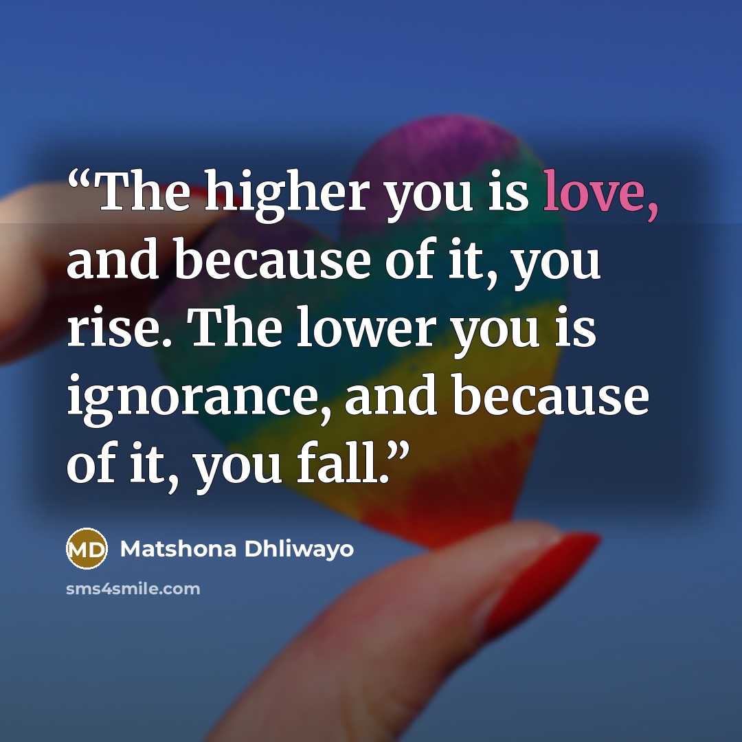 “The higher you is love, and because of it, you rise. The lower you is ignorance, and because of it, you fall.” quote by Matshona Dhliwayo