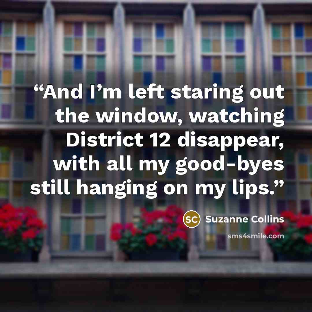 “And I’m left staring out the window, watching District 12 disappear, with all my good-byes still hanging on my lips.” quote by Suzanne Collins