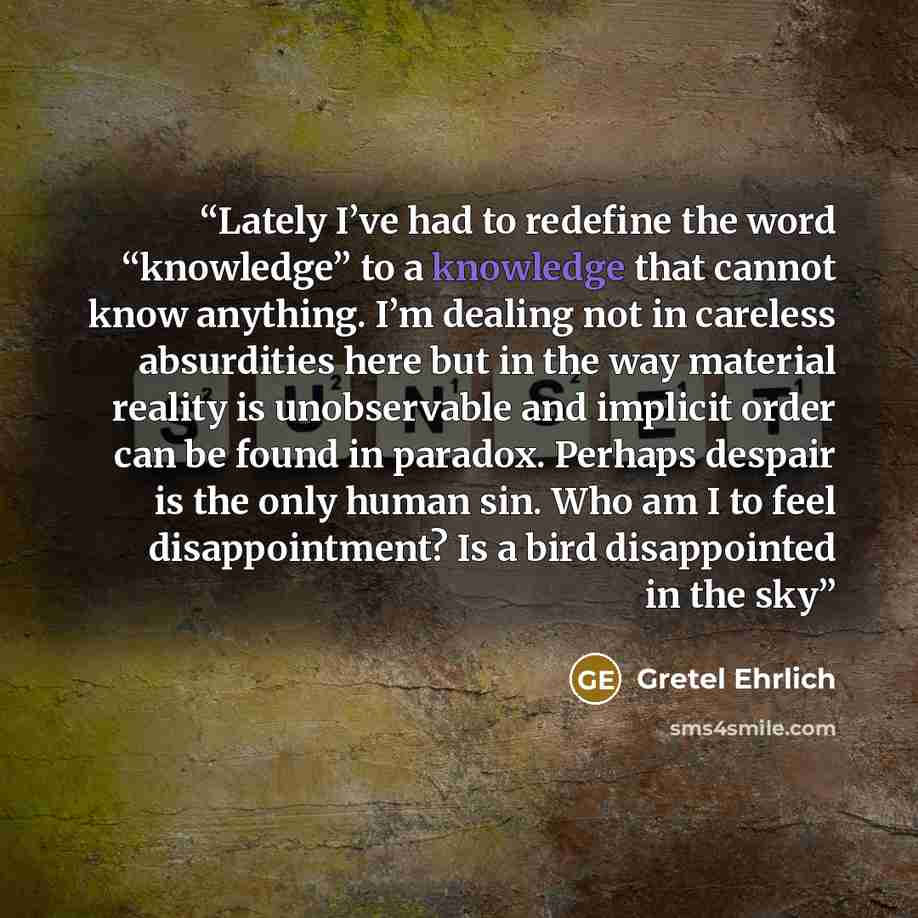 “Lately I’ve had to redefine the word “knowledge” to a knowledge that cannot know anything. I’m dealing not in careless absurdities here but in the way material reality is unobservable and implicit order can be found in paradox. Perhaps despair is the only human sin. Who am I to feel…” quote by Gretel Ehrlich