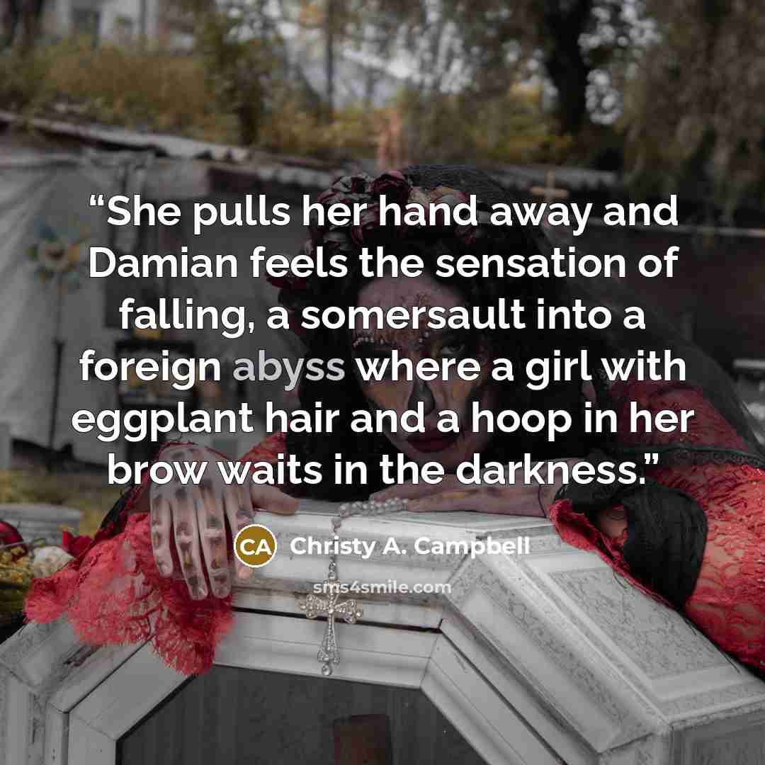 “She pulls her hand away and Damian feels the sensation of falling, a somersault into a foreign abyss where a girl with eggplant hair and a hoop in her brow waits in the darkness.” quote by Christy A. Campbell