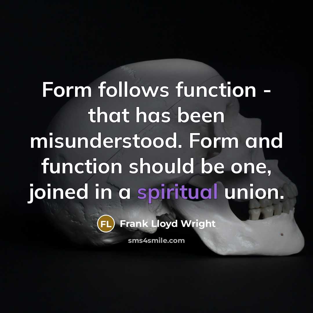 “Form follows function - that has been misunderstood. Form and function should be one, joined in a spiritual union.” quote by Frank Lloyd Wright