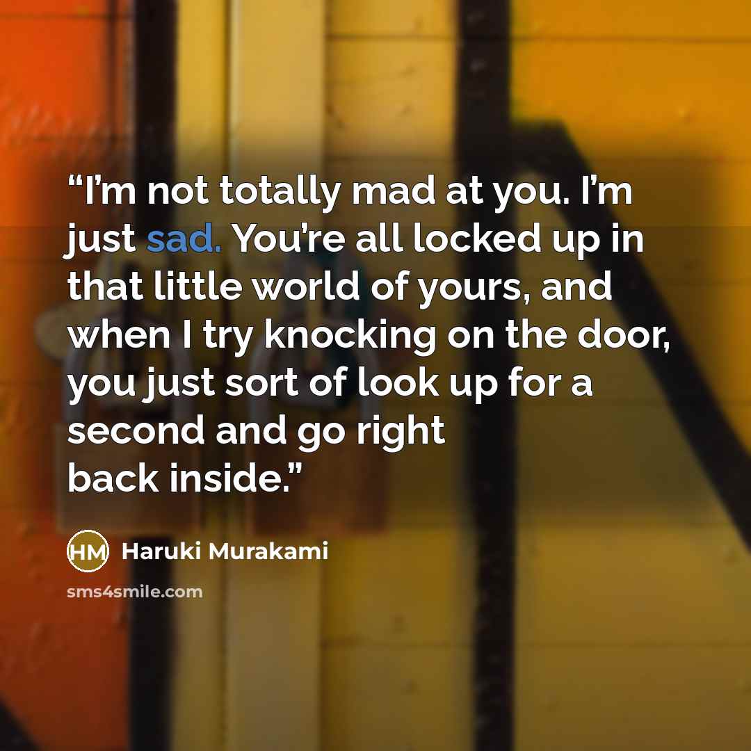 “I’m not totally mad at you. I’m just sad. You’re all locked up in that little world of yours, and when I try knocking on the door, you just sort of look up for a second and go right back inside.” quote by Haruki Murakami