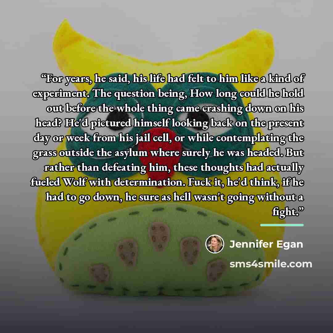 “For years, he said, his life had felt to him like a kind of experiment. The question being, How long could he hold out before the whole thing came crashing down on his head? He'd pictured himself looking back on the present day or week from his jail cell, or while contemplating the grass outside…” quote by Jennifer Egan