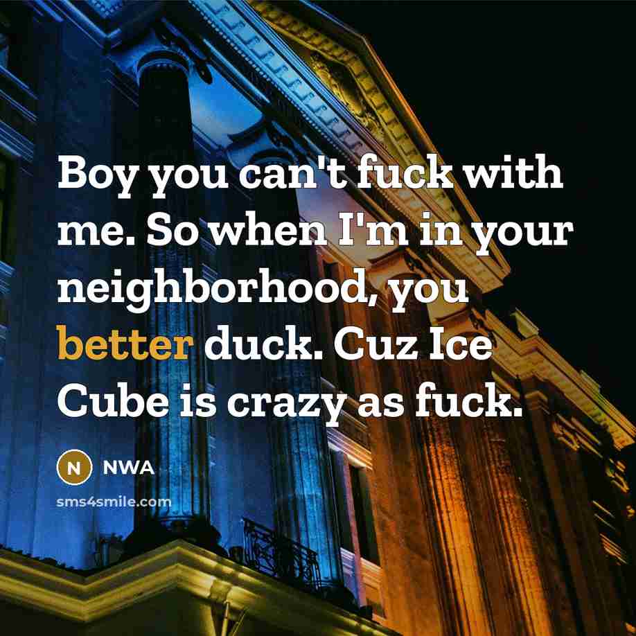 “Boy you can't fuck with me. So when I'm in your neighborhood, you better duck. Cuz Ice Cube is crazy as fuck.” quote by NWA