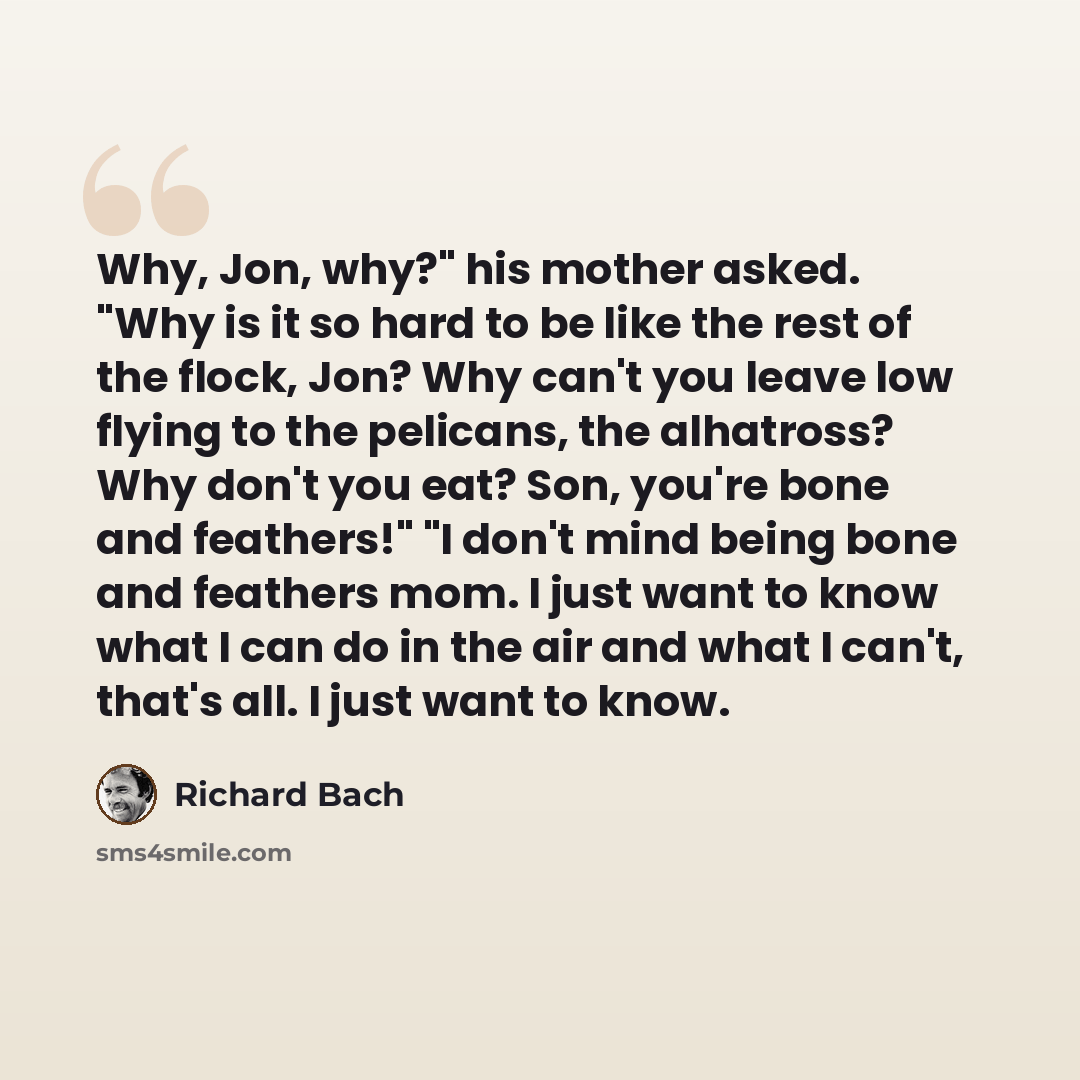 “Why, Jon, why?" his mother asked. "Why is it so hard to be like the rest of the flock, Jon? Why can't you leave low flying to the pelicans, the alhatross? Why don't you eat? Son, you're bone and feathers!" "I don't mind being bone and feathers mom. I just want to know what I can do in the air and…” quote by Richard Bach