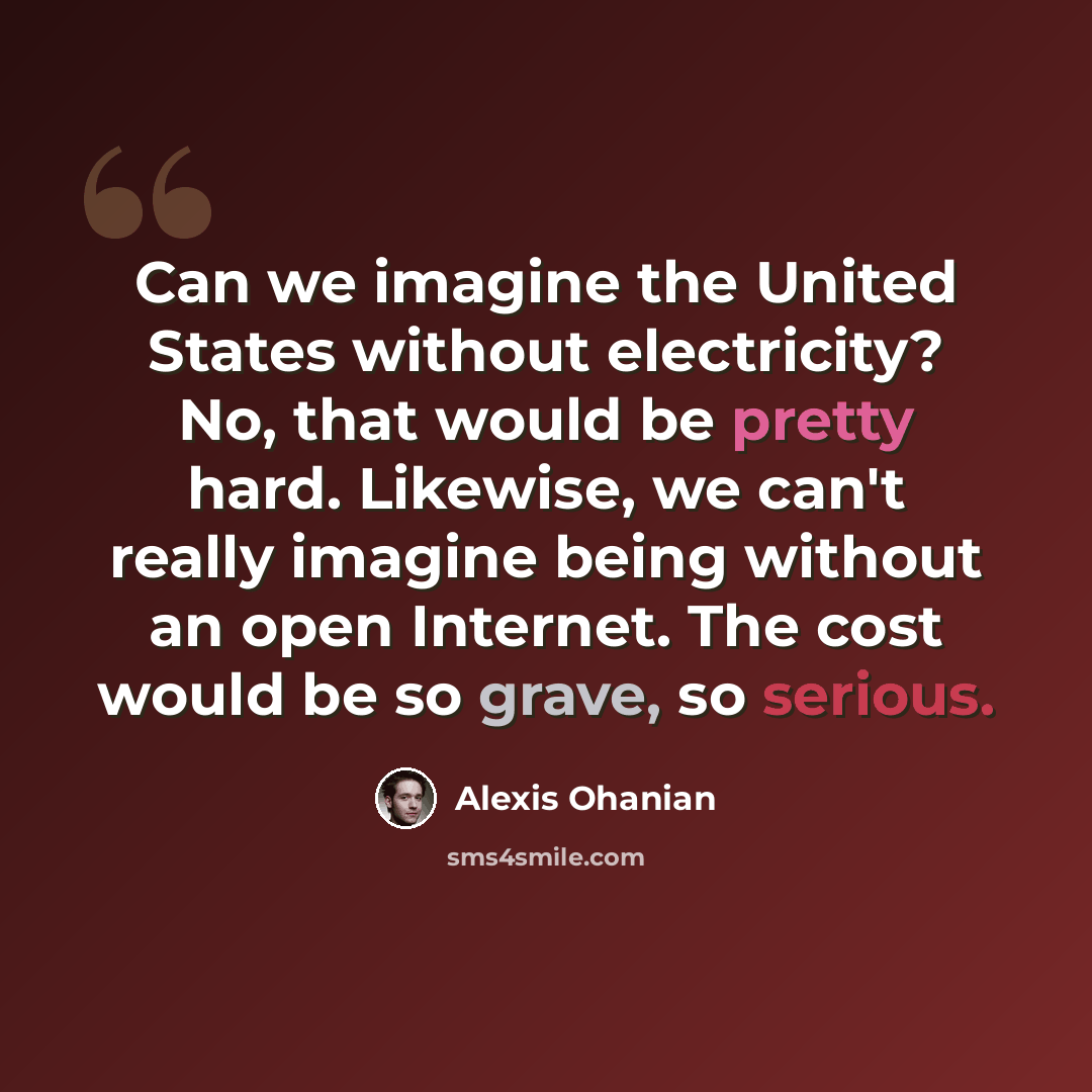 “Can we imagine the United States without electricity? No, that would be pretty hard. Likewise, we can't really imagine being without an open Internet. The cost would be so grave, so serious.” quote by Alexis Ohanian