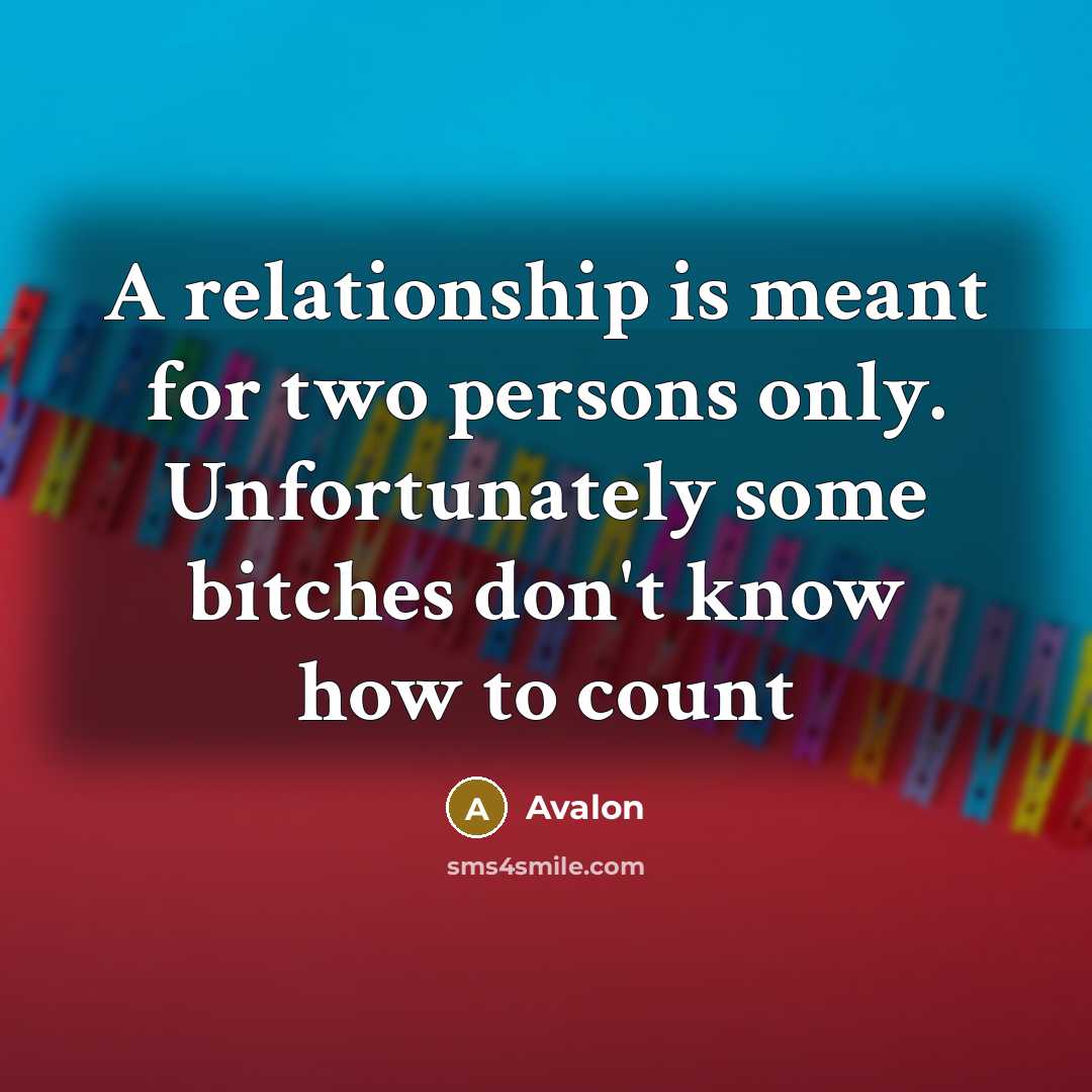 “A relationship is meant for two persons only. Unfortunately some bitches don't know how to count” quote by Avalon