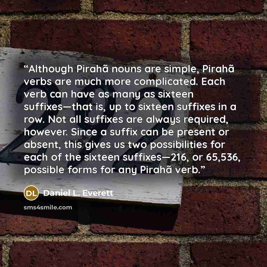 “Although Pirahã nouns are simple, Pirahã verbs are much more complicated. Each verb can have as many as sixteen suffixes—that is, up to sixteen suffixes in a row. Not all suffixes are always required, however. Since a suffix can be present or absent, this gives us two possibilities for each of the…” quote by Daniel L. Everett