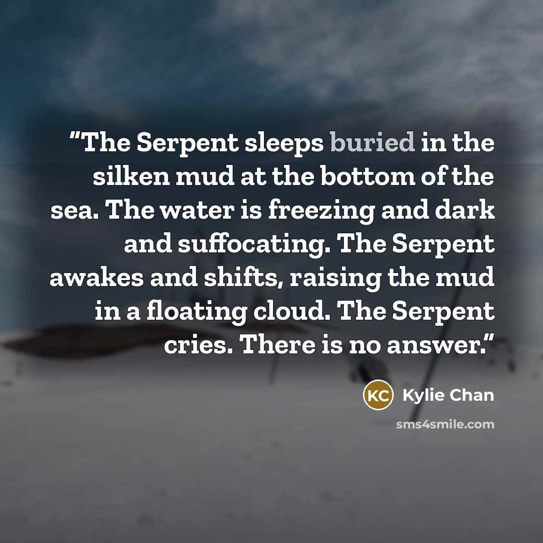 “The Serpent sleeps buried in the silken mud at the bottom of the sea. The water is freezing and dark and suffocating. The Serpent awakes and shifts, raising the mud in a floating cloud. The Serpent cries. There is no answer.” quote by Kylie Chan
