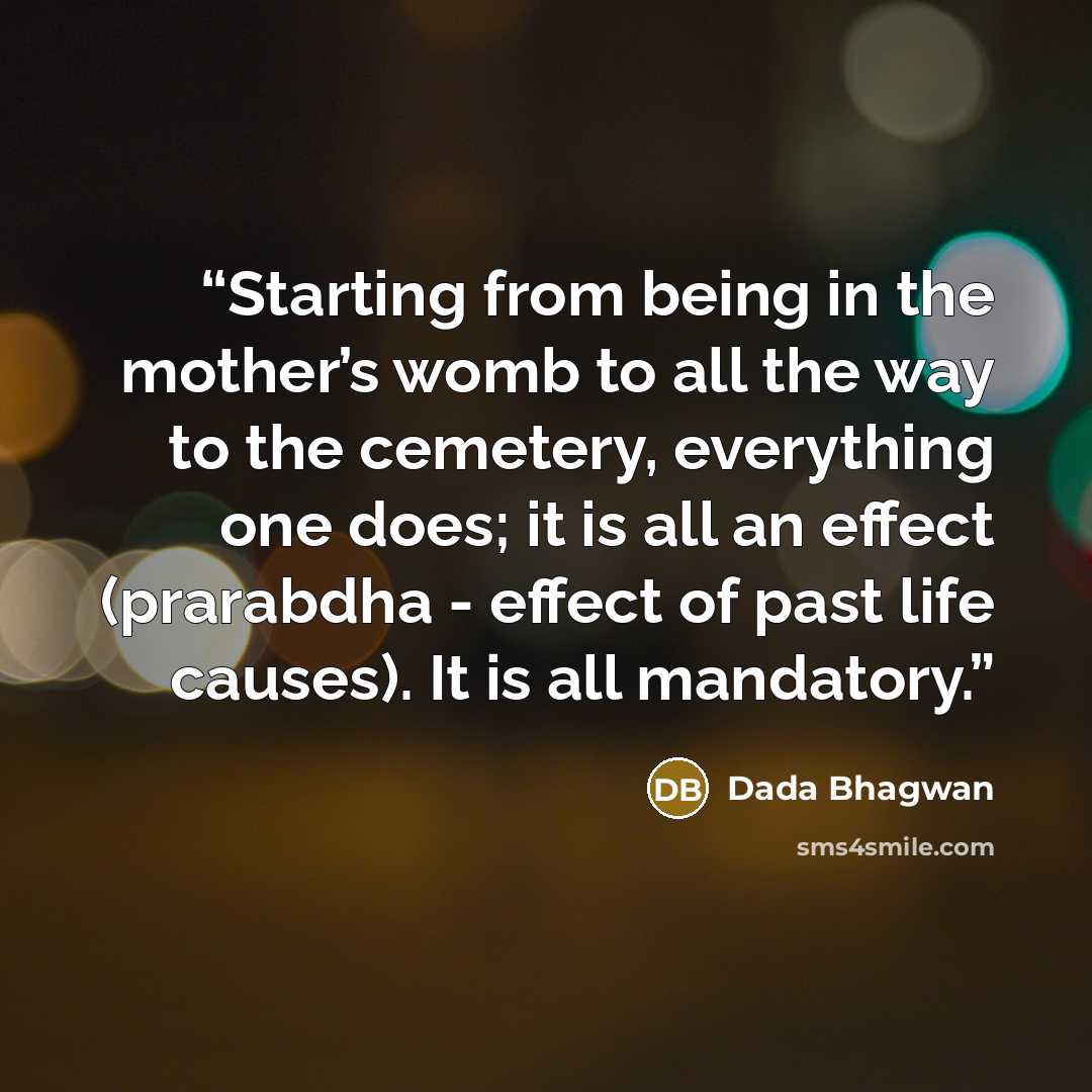 “Starting from being in the mother’s womb to all the way to the cemetery, everything one does; it is all an effect (prarabdha - effect of past life causes). It is all mandatory.” quote by Dada Bhagwan