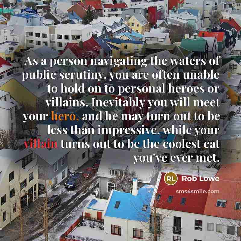 “As a person navigating the waters of public scrutiny, you are often unable to hold on to personal heroes or villains. Inevitably you will meet your hero, and he may turn out to be less than impressive, while your villain turns out to be the coolest cat you've ever met.” quote by Rob Lowe