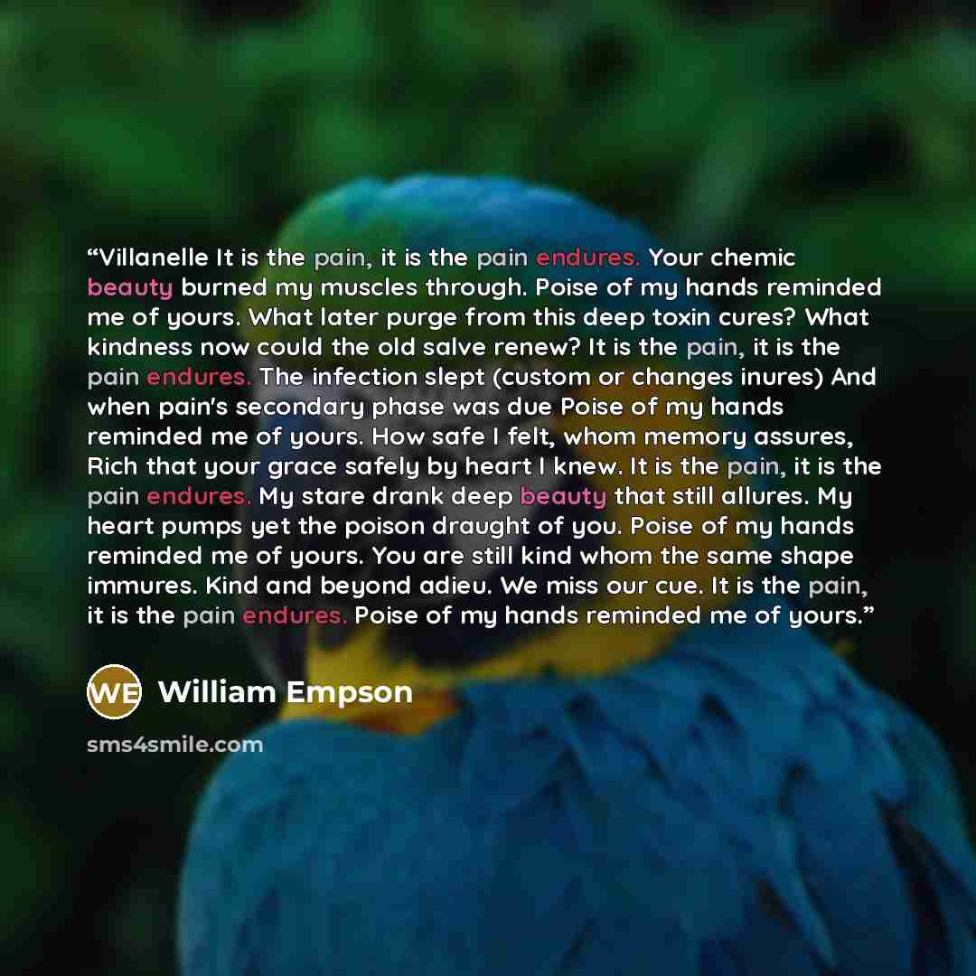 “Villanelle It is the pain, it is the pain endures. Your chemic beauty burned my muscles through. Poise of my hands reminded me of yours. What later purge from this deep toxin cures? What kindness now could the old salve renew? It is the pain, it is the pain endures. The infection slept (custom or…” quote by William Empson