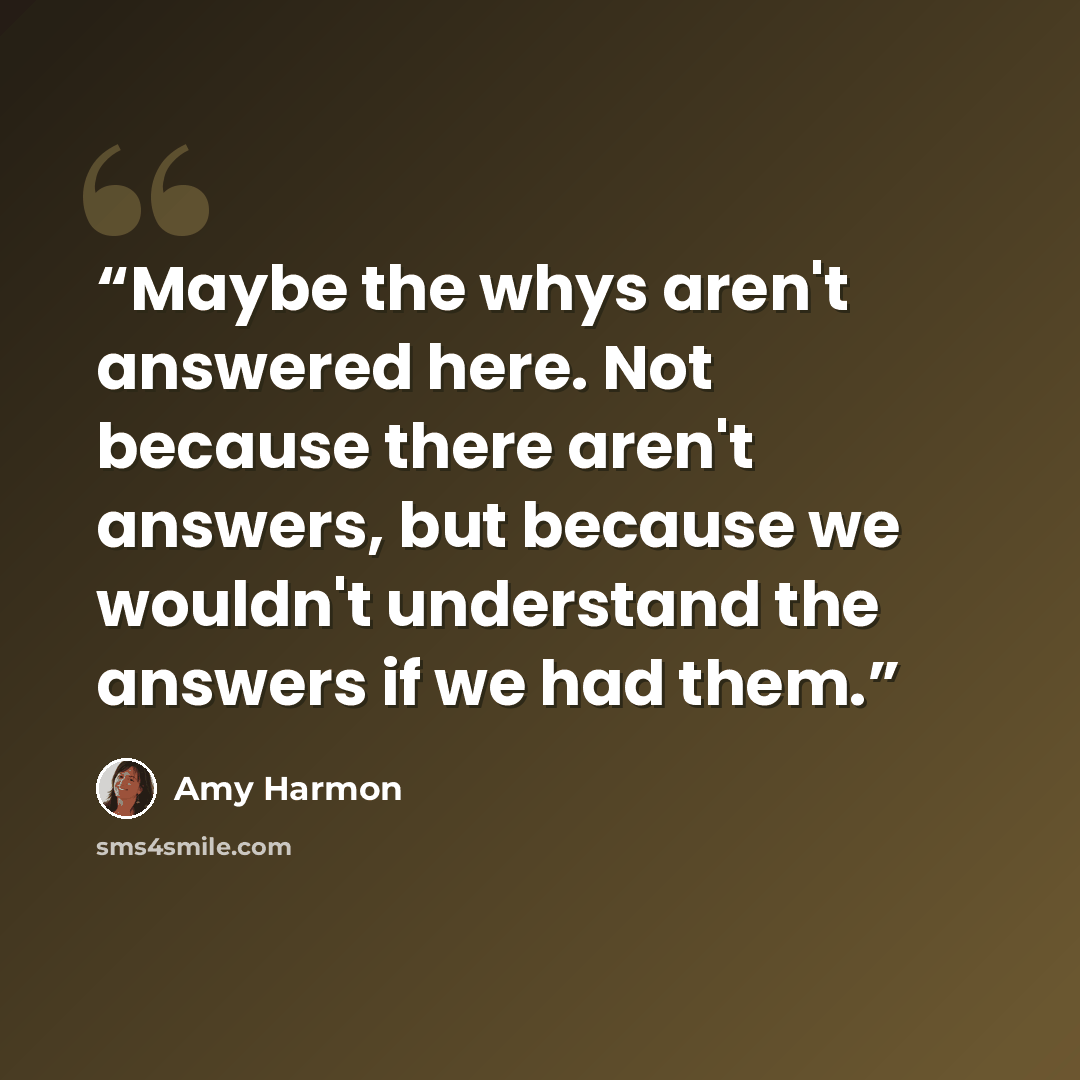 “Maybe the whys aren't answered here. Not because there aren't answers, but because we wouldn't understand the answers if we had them.” quote by Amy Harmon