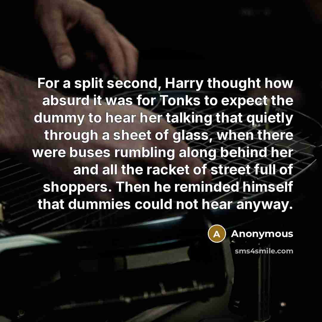 “For a split second, Harry thought how absurd it was for Tonks to expect the dummy to hear her talking that quietly through a sheet of glass, when there were buses rumbling along behind her and all the racket of street full of shoppers. Then he reminded himself that dummies could not hear anyway.” quote by Anonymous