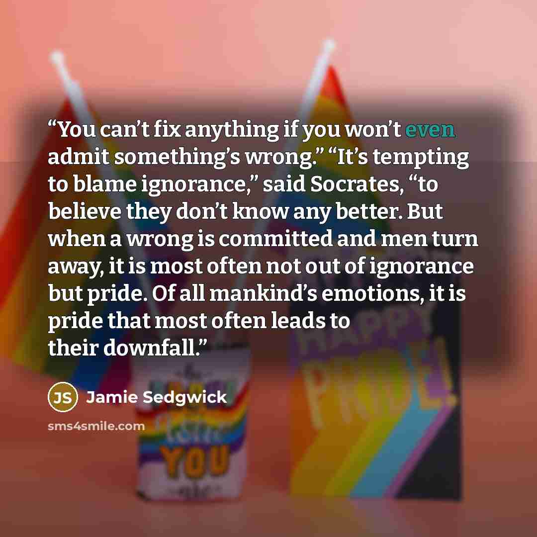 “You can’t fix anything if you won’t even admit something’s wrong.” “It’s tempting to blame ignorance,” said Socrates, “to believe they don’t know any better. But when a wrong is committed and men turn away, it is most often not out of ignorance but pride. Of all mankind’s emotions, it is pride…” quote by Jamie Sedgwick