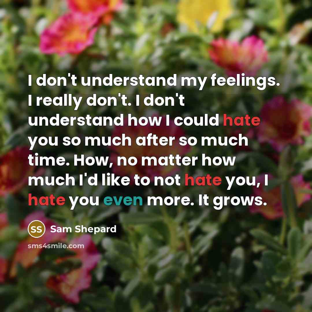 “I don't understand my feelings. I really don't. I don't understand how I could hate you so much after so much time. How, no matter how much I'd like to not hate you, I hate you even more. It grows.” quote by Sam Shepard