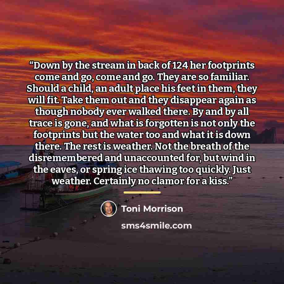 “Down by the stream in back of 124 her footprints come and go, come and go. They are so familiar. Should a child, an adult place his feet in them, they will fit. Take them out and they disappear again as though nobody ever walked there. By and by all trace is gone, and what is forgotten is not only…” quote by Toni Morrison
