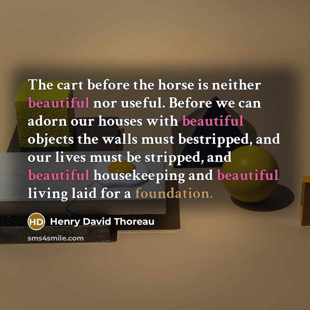 “The cart before the horse is neither beautiful nor useful. Before we can adorn our houses with beautiful objects the walls must bestripped, and our lives must be stripped, and beautiful housekeeping and beautiful living laid for a foundation.” quote by Henry David Thoreau