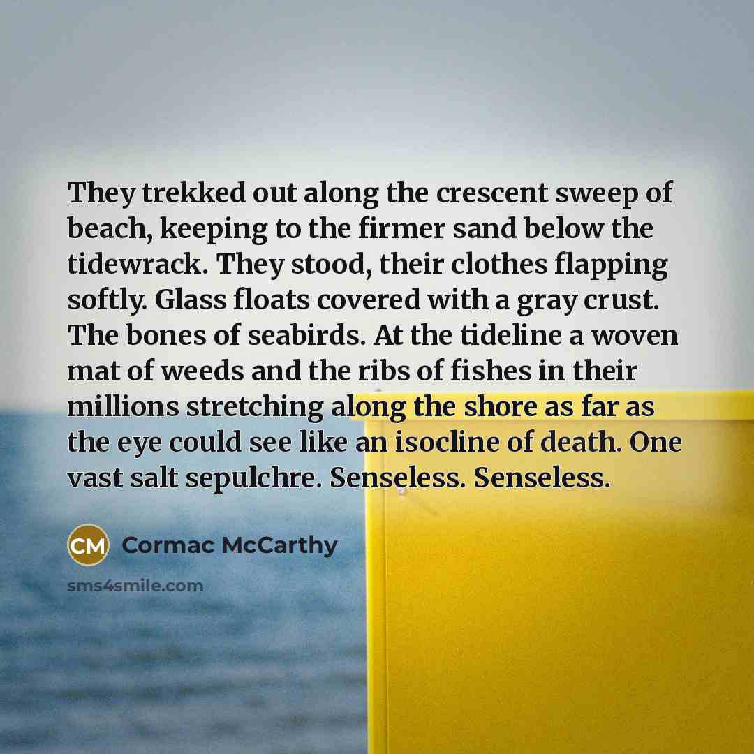 “They trekked out along the crescent sweep of beach, keeping to the firmer sand below the tidewrack. They stood, their clothes flapping softly. Glass floats covered with a gray crust. The bones of seabirds. At the tideline a woven mat of weeds and the ribs of fishes in their millions stretching…” quote by Cormac McCarthy
