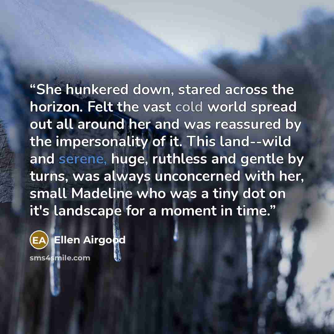“She hunkered down, stared across the horizon. Felt the vast cold world spread out all around her and was reassured by the impersonality of it. This land--wild and serene, huge, ruthless and gentle by turns, was always unconcerned with her, small Madeline who was a tiny dot on it's landscape for a…” quote by Ellen Airgood