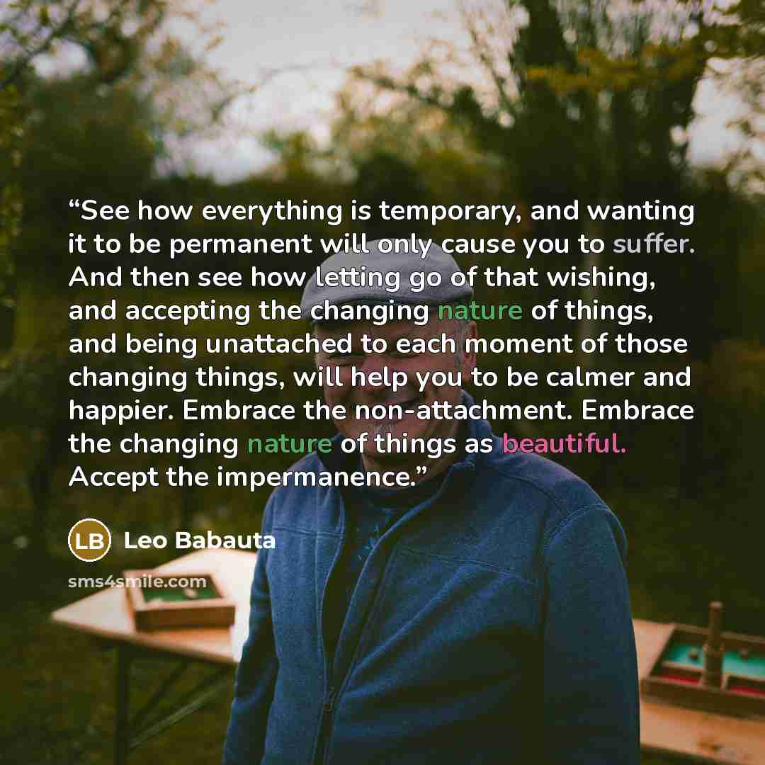 “See how everything is temporary, and wanting it to be permanent will only cause you to suffer. And then see how letting go of that wishing, and accepting the changing nature of things, and being unattached to each moment of those changing things, will help you to be calmer and happier. Embrace the…” quote by Leo Babauta