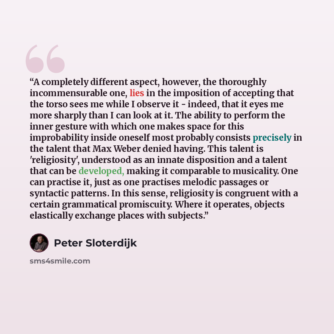 “A completely different aspect, however, the thoroughly incommensurable one, lies in the imposition of accepting that the torso sees me while I observe it - indeed, that it eyes me more sharply than I can look at it. The ability to perform the inner gesture with which one makes space for this…” quote by Peter Sloterdijk